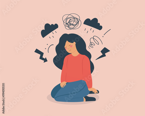 Young woman struggling with mental health issues such as stress, depression, anxiety, phobias, or mood disorders. Sad girl overwhelmed sitting on the floor with negative thoughts. Vector illustration