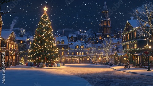 Snowy Christmas market with festive lights and tree. photo