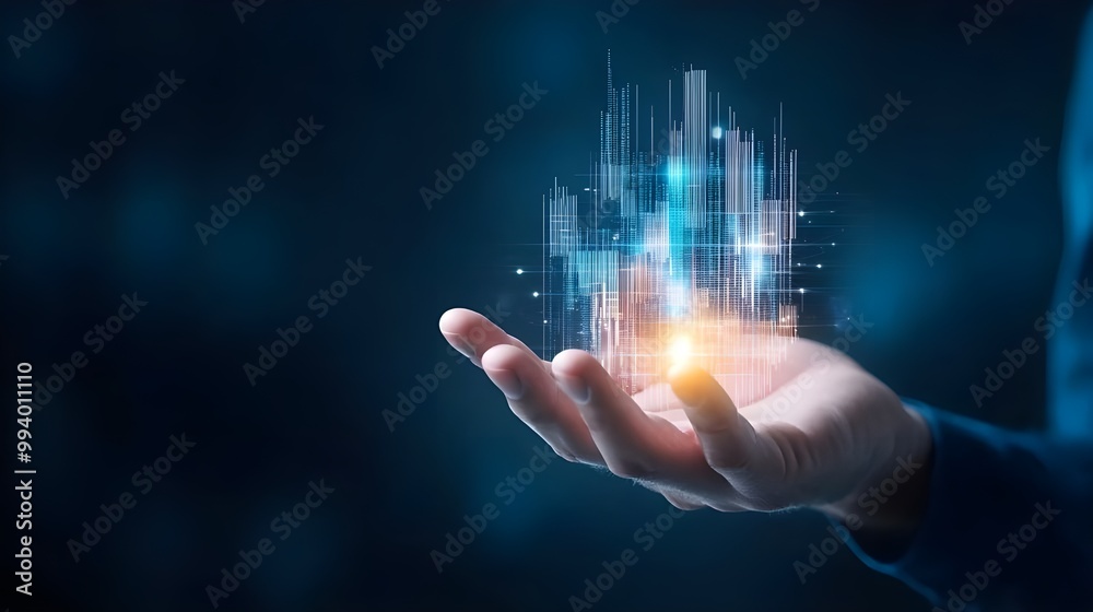 A businessman analyzing a digital stock market chart, blue and black background, investment concept A businessman analyzing a digital stock market chart, blue and black background, investment concept