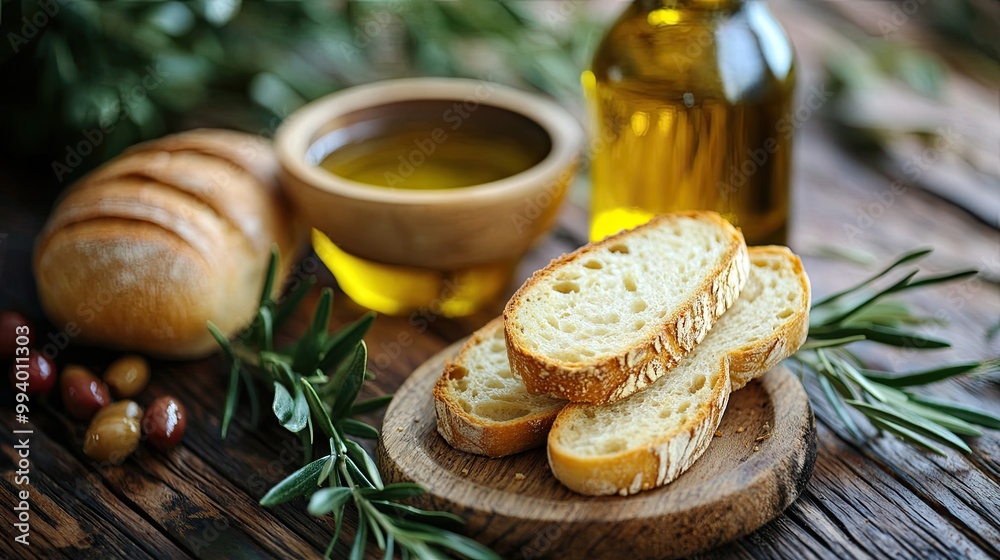 Slices of bread on a wooden board. Perfect for promoting Italian food, olive oil, and bread recipes.