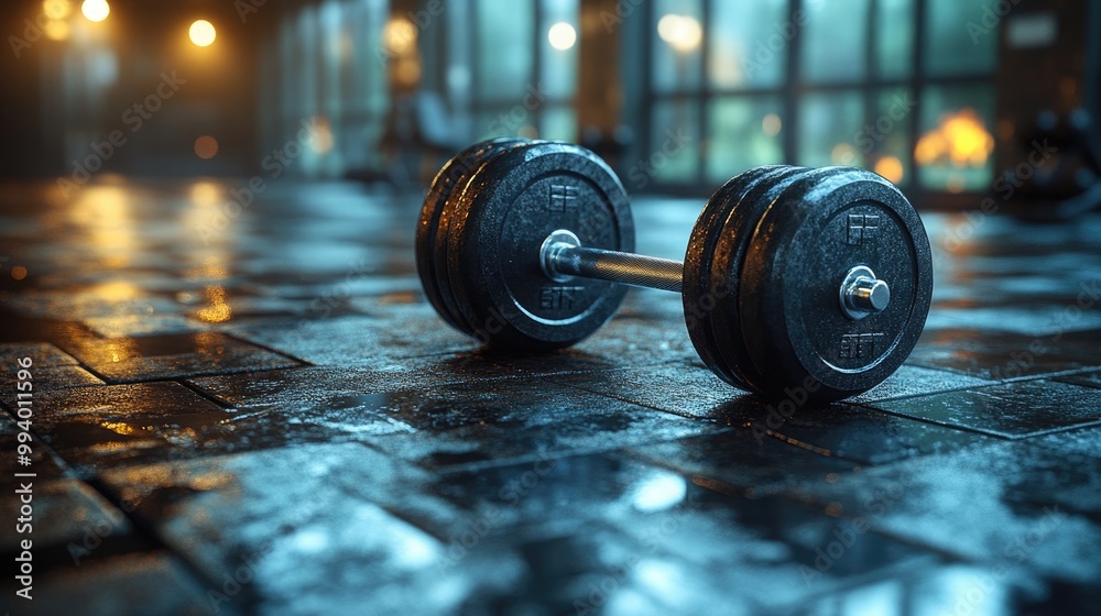 Weights and Dumbbells on a Modern Gym Floor for Fitness Enthusiasts Weights and Dumbbells on a Modern Gym Floor for Fitness Enthusiasts