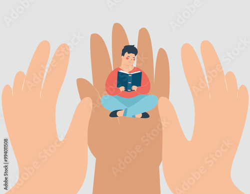 Human hands surround a boy reading a book, symbolizing care from parents or society. The illustration highlights healthcare, education, social protection, and the role of adults in supporting children
