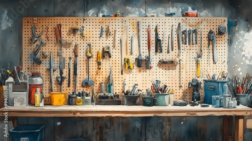 Watercolor Artistic using soft, brushy watercolor strokes, Single object picture Garage â€“ a neatly organized pegboard showcasing tools