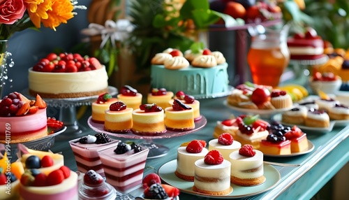 Vibrant dessert spread showcasing an array of cakes, pastries, and refreshing beverages adorned with fruits and elaborate decorations