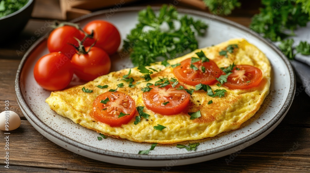 Omelette with tomatoes and parsley on plate. Perfect for food blogs and articles about breakfast recipes. Omelette with tomatoes and parsley on plate. Perfect for food blogs and articles about breakfast recipes.
