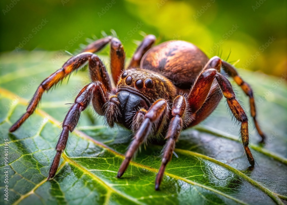 Dark Brown Spider with Fat Body Sitting on a Leaf in Natural Habitat Under Soft Sunlight Conditions Dark Brown Spider with Fat Body Sitting on a Leaf in Natural Habitat Under Soft Sunlight Conditions