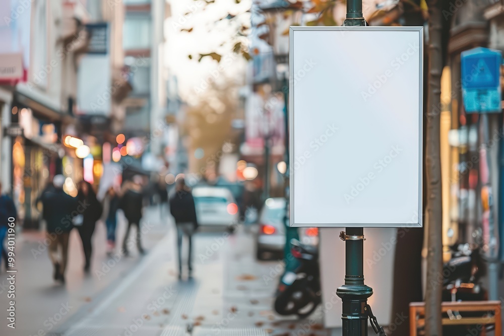 Urban street scene with empty signboard, blurred pedestrians, and soft city lights, ideal for advertising and marketing designs. Urban street scene with empty signboard, blurred pedestrians, and soft city lights, ideal for advertising and marketing designs.