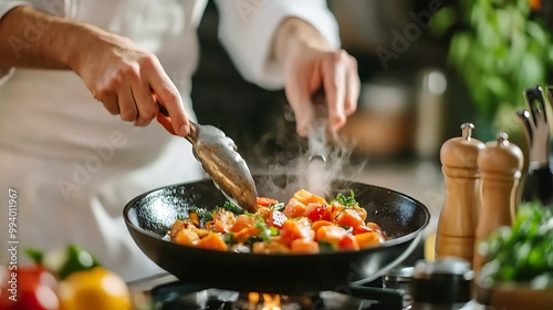 Chef cooking vegetables in a wok.