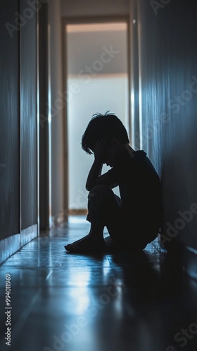 Silhouette of a person sitting alone in a dimly lit hallway, head bowed in apparent distress. The moody lighting creates a powerful atmosphere of isolation and sadness.