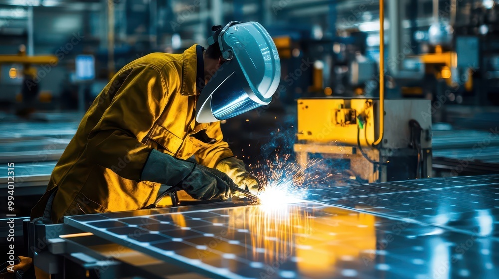 A welder in a solar panel factory, welding the metal framework for panels, with conveyor belts and machinery in the background