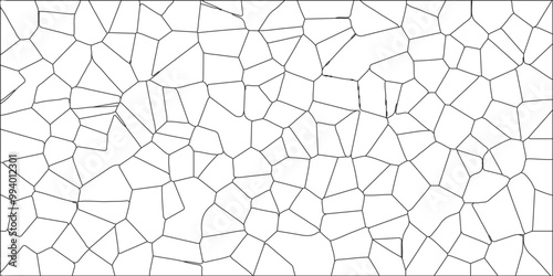 White color Broken Stained-Glass Background with black lines. A metal grid stands isolated against a white background, alongside hexagonal elements. Black & white background with triangles mosaic 