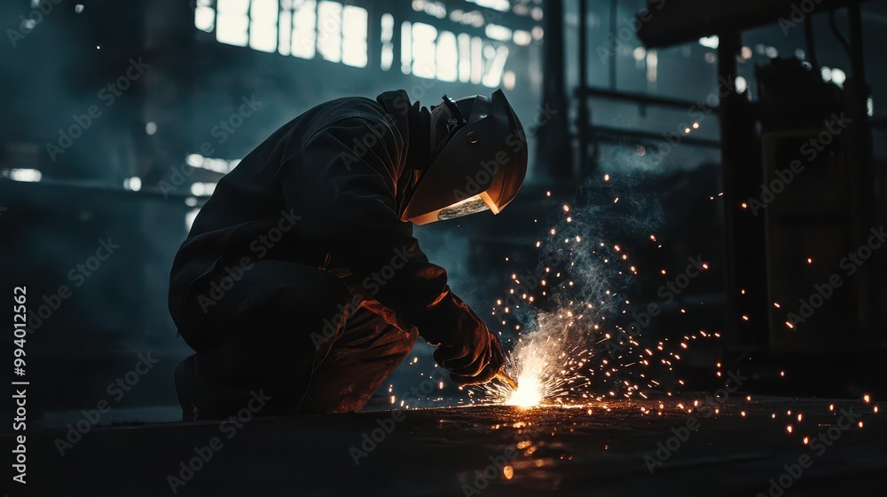 A welder in a dark industrial plant, creating an artistic metal sculpture with glowing molten metal illuminating the space