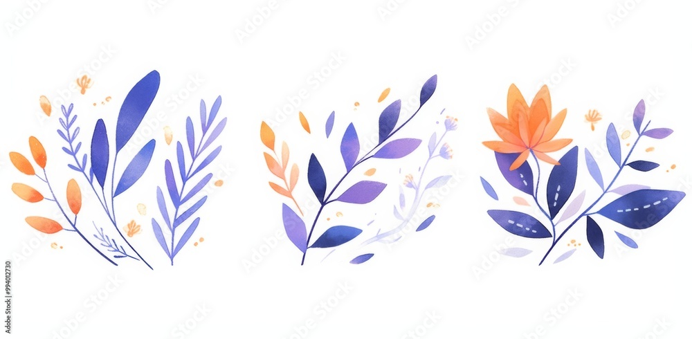 three simple illustrations of leaves and flowers in purple, blue, orange, and yellow on a white background three simple illustrations of leaves and flowers in purple, blue, orange, and yellow on a white background