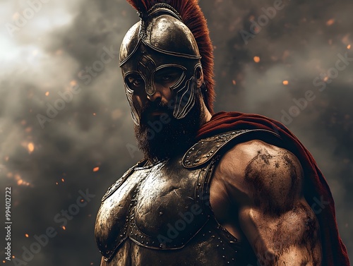 A fierce warrior in ancient armor stands confidently amidst smoke and debris, evoking strength and valor in battle.