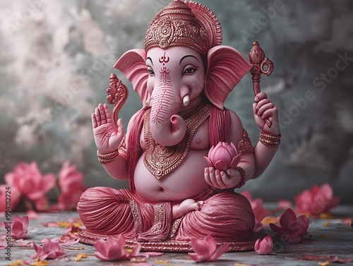 Ganesha, the elephantheaded god, seated with a peaceful smile, holding a lotus and a modak in his hands photo