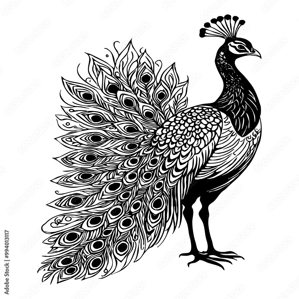 Fototapeta premium Black peacock on white background. Animals line art. Logo design for use in graphics. Print for T-shirts, design for tattoos.