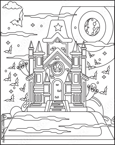 A spooky haunted house Kids, adults coloring page book art, line art illustration.