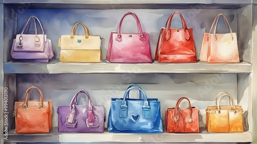 Watercolor Artistic using soft, brushy watercolor strokes, Single object picture Closet/Walk-in Closet â€“ an organized display of handbags on a shelf