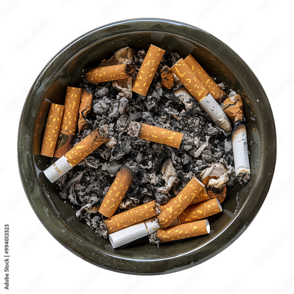 Full ashtray with many cigarette butts and ash, illustrating smoking habits and health issues Full ashtray with many cigarette butts and ash, illustrating smoking habits and health issues