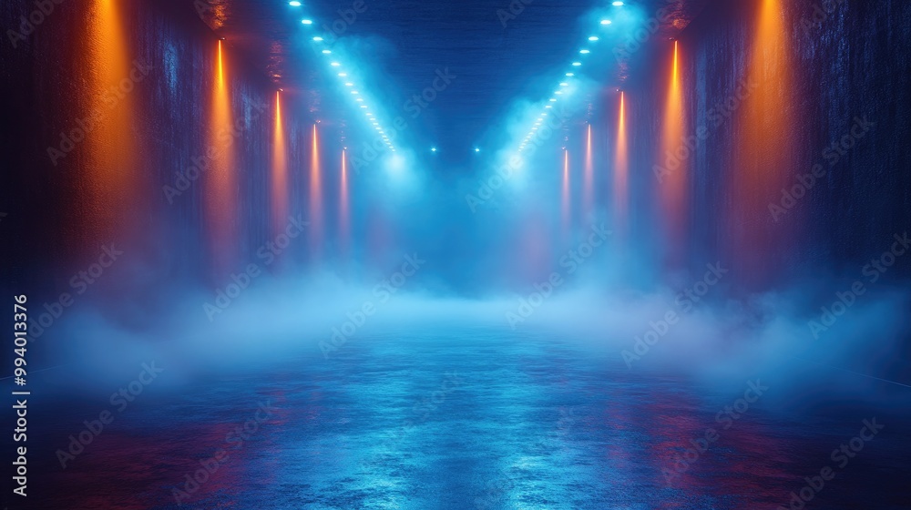 Vibrant Arena Lights Piercing Through Fog, Perfect for Sports Promotions and Event Marketing Vibrant Arena Lights Piercing Through Fog, Perfect for Sports Promotions and Event Marketing