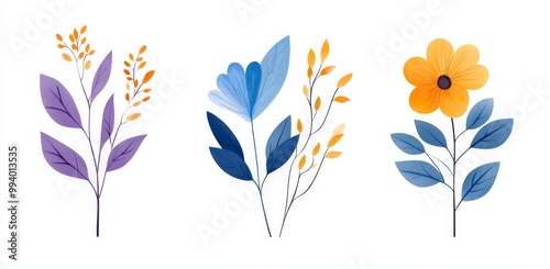 three simple illustrations of leaves and flowers in purple, blue, orange, and yellow on a white background