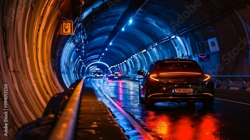 Déplacement de nuit. Accouplez le déplacement avec un véhicule à l'intérieur d'un tunnel pendant la nuit photo