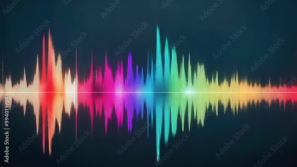 A colorful audio waveform visualization represents sound dynamics with vibrant colors, showcasing modern graphic design techniques