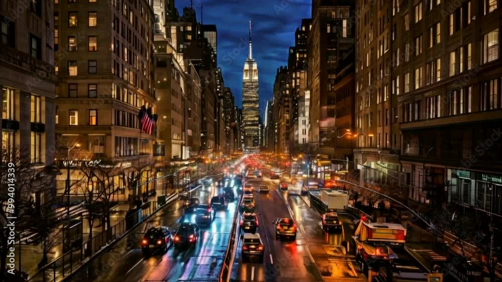 Rues de New York City la nuit. Une vue de circulation sur les rues de la ville de New-York de l'hôtel célèbre de Waldorf Astoria.