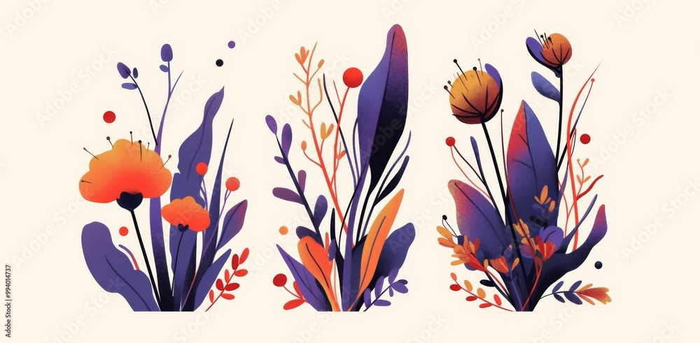 Three simple plant illustrations in purple and orange tones on a white background Three simple plant illustrations in purple and orange tones on a white background