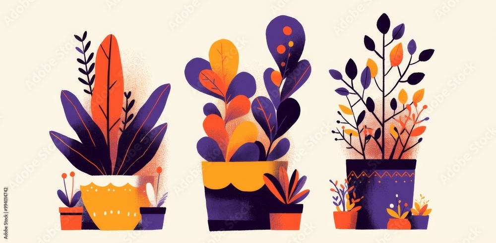 Three simple plant illustrations in purple and orange tones on a white background Three simple plant illustrations in purple and orange tones on a white background