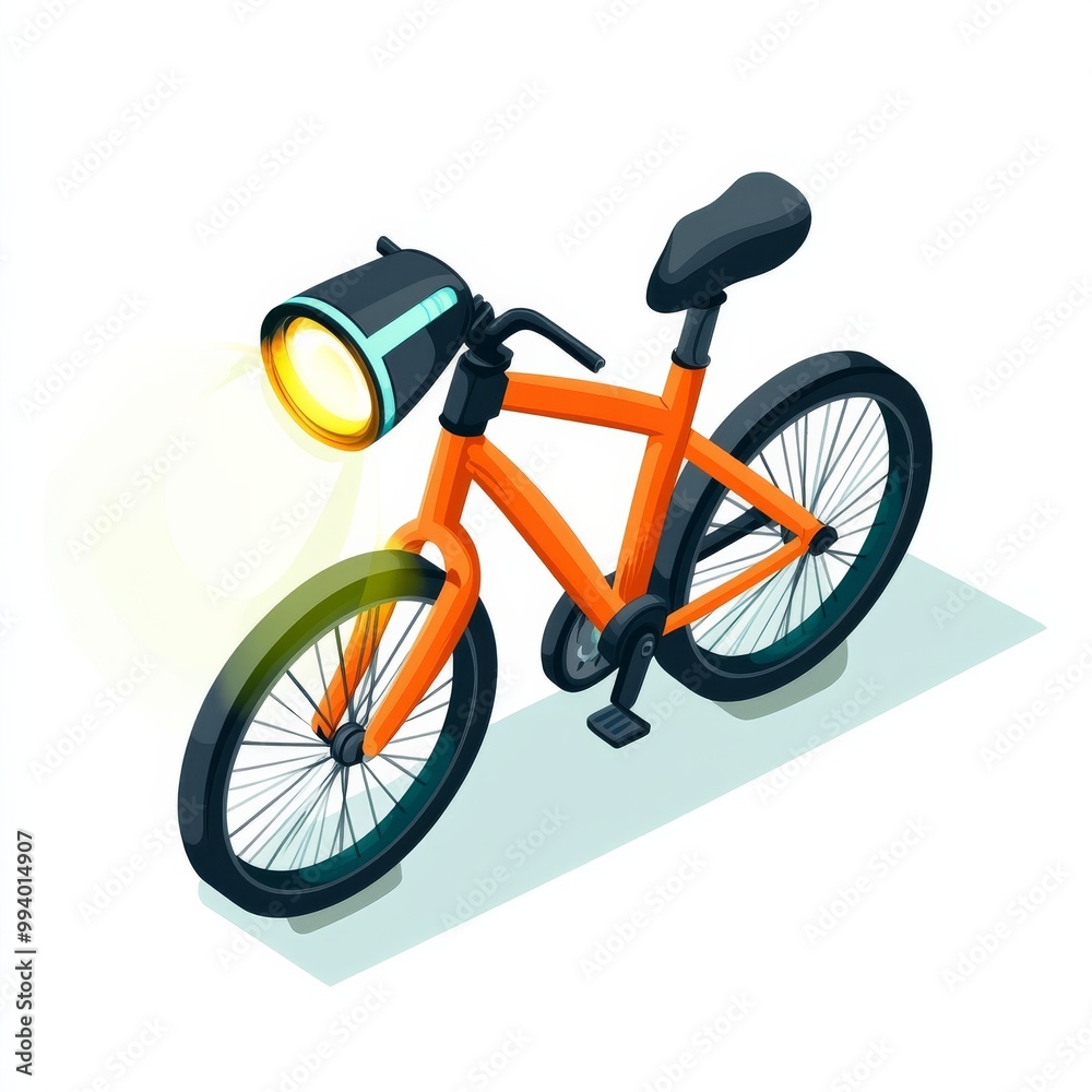A bright orange bicycle with a headlight A bright orange bicycle with a headlight