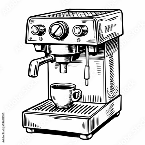 Vintage Espresso Machine with Cup Black and White Vector Art