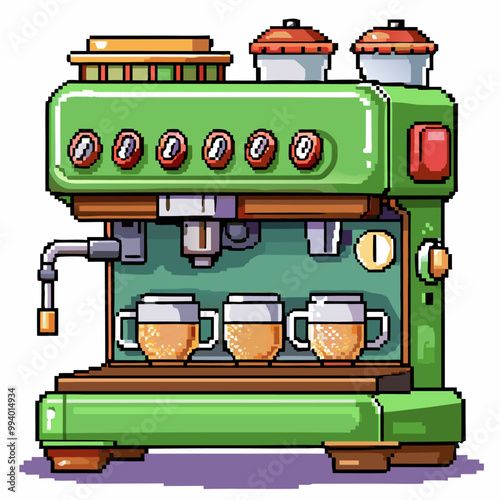 Retro Pixel Art Coffee Machine with Cups and Steam