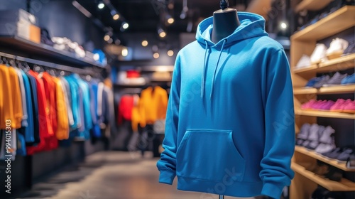 Blue hoodie mockup on a mannequin inside a clothing store, modern setup for product presentation or branding.