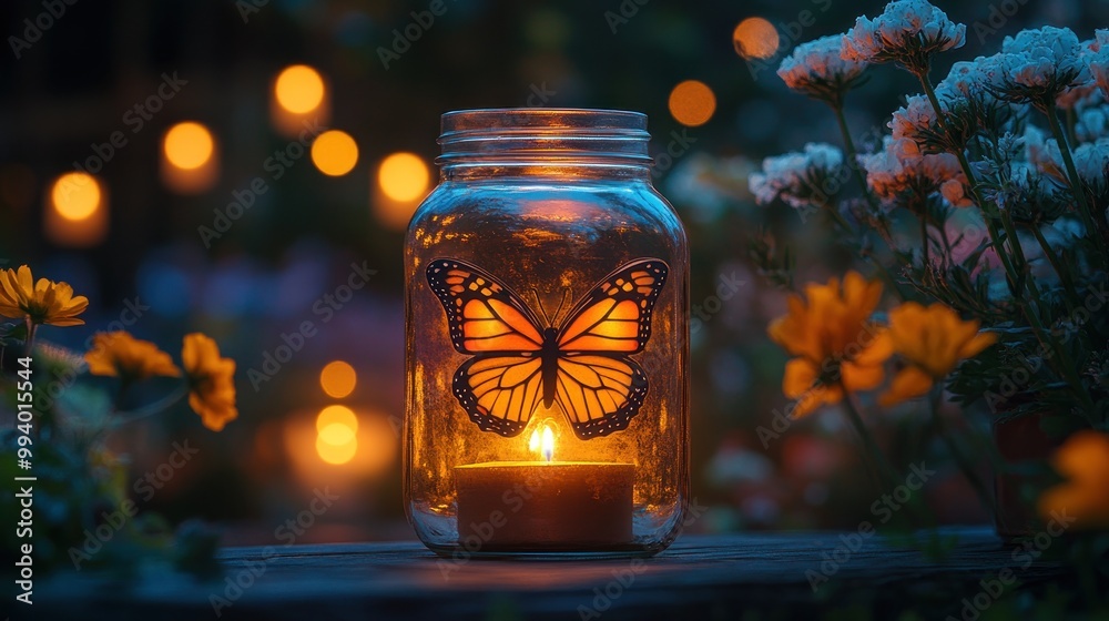 A glowing jar with a butterfly design and candle amidst flowers. A glowing jar with a butterfly design and candle amidst flowers.