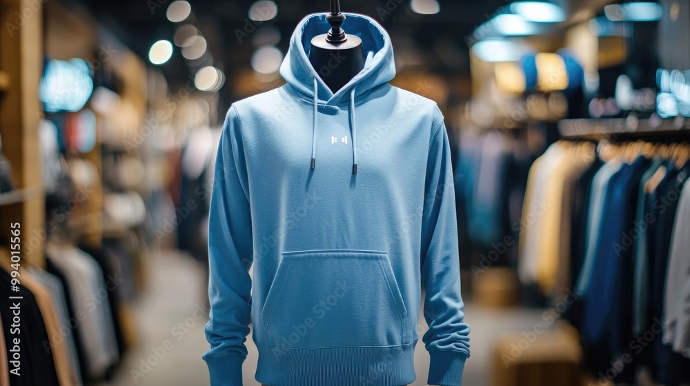 Blue hoodie on a mannequin in a clothing store, offering a mockup template for fashion branding and design. Blue hoodie on a mannequin in a clothing store, offering a mockup template for fashion branding and design.