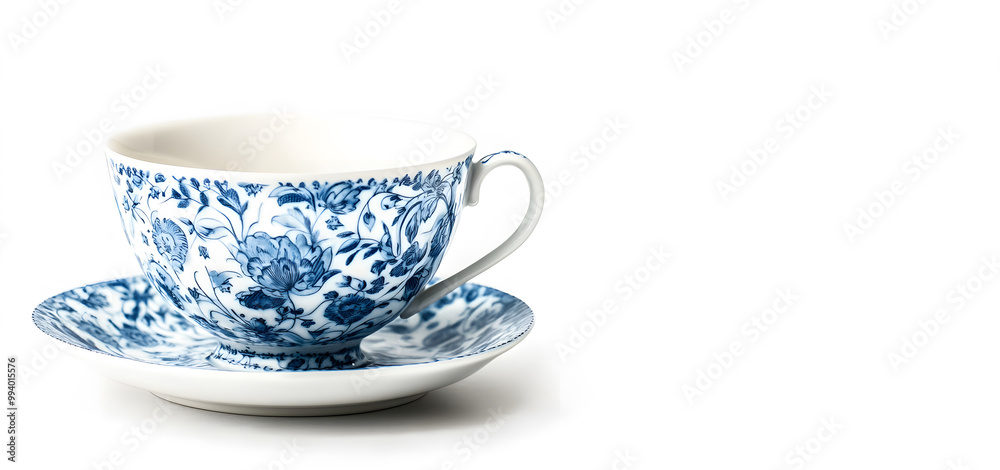 Minimalist Blue Coffee Cup with Saucer on White Background Design Minimalist Blue Coffee Cup with Saucer on White Background Design
