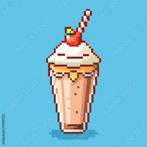 Retro Pixel Art Milkshake with Cherry and Straw on Blue Background