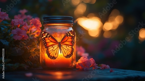 A glowing jar with a butterfly, surrounded by flowers at sunset.