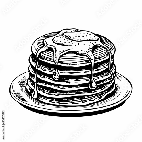 Hand Drawn Pancakes with Maple Syrup on Plate Traditional Breakfast Vector Illustration