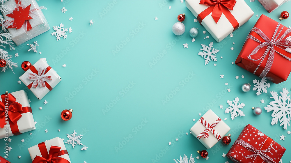 Row of red christmas ball decorations and pine cones on a green background Row of red christmas ball decorations and pine cones on a green background