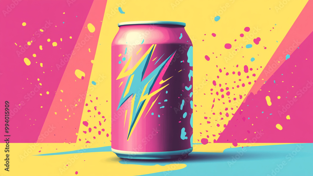 Fototapeta premium A vibrant pink beverage can with striking graphics positioned against a colorful background of yellow and pink splatters