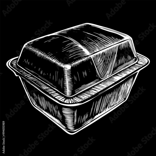 Illustrated Takeout Box Detailed Monochrome Vector Drawing of Food Packaging