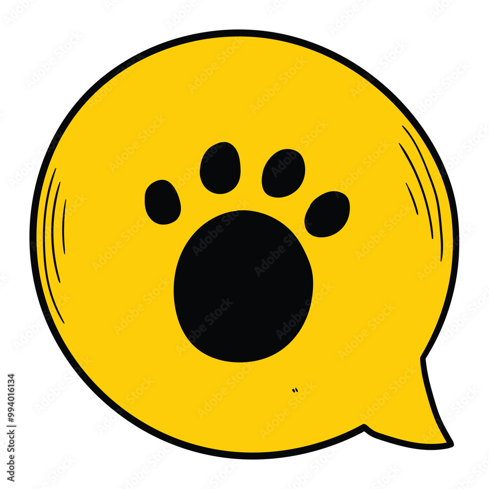 Fototapeta premium Hand drawn cartoon dog paw print in yellow speech bubble on white background.