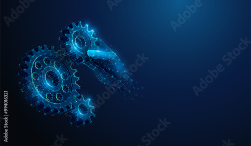 Abstract illustration of hand install gear to gearbox in low poly style. Blue geometric background depicting mechanical technology machine engineering concept by wireframe connection structure