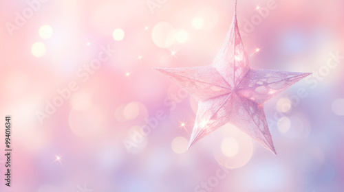 Decorative star ornament with sparkling details on a soft pastel background with bokeh effects
