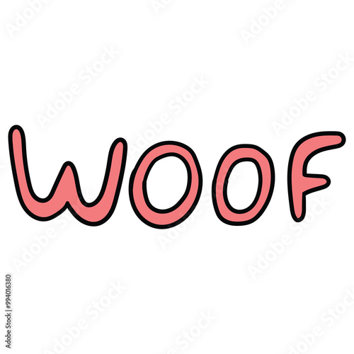 Hand drawn cartoon pink woof lettering on white background.