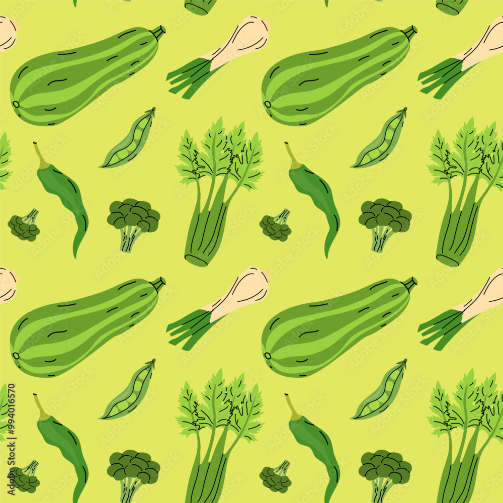 Vibrant green veggie pattern with zucchini, celery, broccoli, and peas on a light background Vibrant green veggie pattern with zucchini, celery, broccoli, and peas on a light background