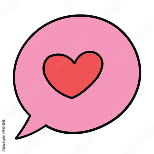 Hand drawn cartoon red heart in pink speech bubble on white background. Love, february 14, romance, chat.