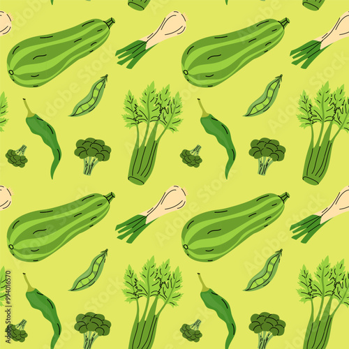 Vibrant green veggie pattern with zucchini, celery, broccoli, and peas on a light background